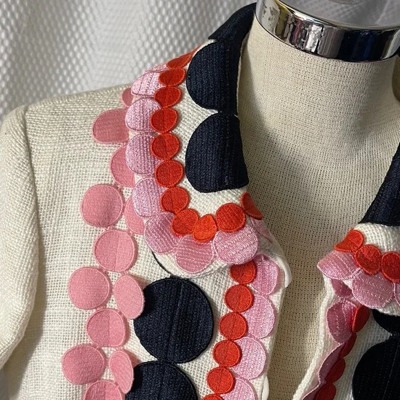 Maison Common Cream Embroidered Circle-Trim Blazer Pink & Navy Accents size 40 - Picture 5 of 12